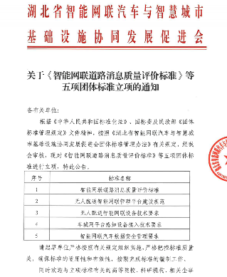 湖北省智能网联汽车与智慧城市基础设施协同发展促进会关于《智能网联道路消息质量评价标准》等五项团体标准立项的通知(图1)
